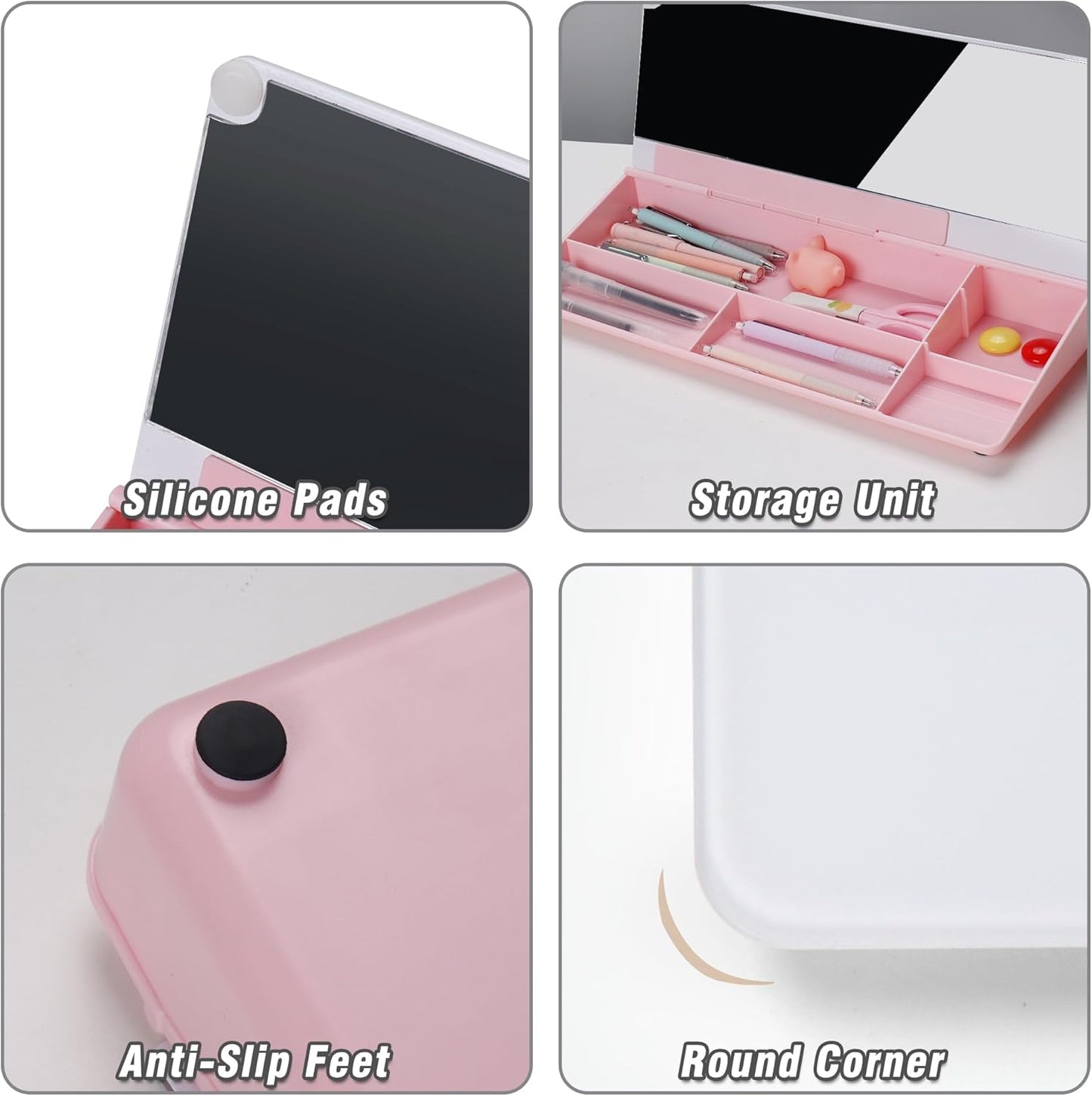 SELEAD Desktop Glass Whiteboard with Organizer & Built-in Mirror - Small Dry Erase White Board Computer Pad Keyboard Stand with Markers, Eraser, Holder for Women Girls - Pink