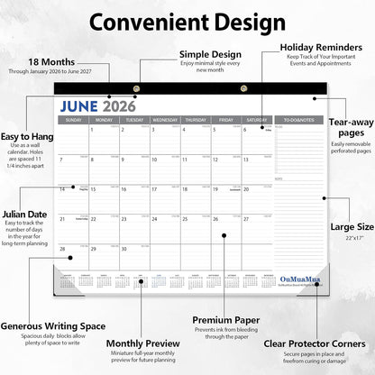 OuMuaMua Large Desk Calendar 2026-2027 - 18 Months from Jan. 2026 through Jun. 2027, 22 x 17 Inches Desktop Wall Calendar with Julian Date To-do & Notes, Corner Protectors for School Home Office