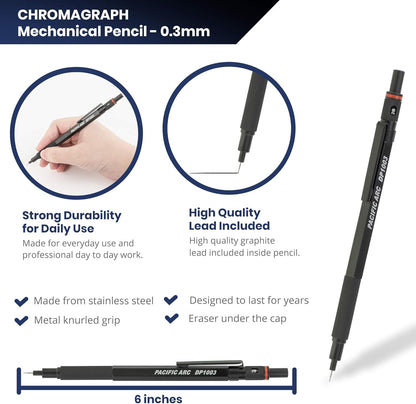 Pacific Arc Chromagraph Metal Mechanical Pencil .3 mm Black Barrel Mechanical Pencil with Built In Lead Pencil Grade Indicator, Lead Pencil Holder for Drafting, Sketching, and Drawing