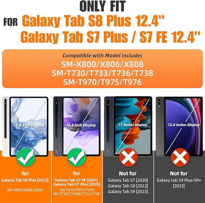 SEYMAC stock Case for Samsung Galaxy Tab S7 FE / S8 Plus 5G Case 12.4'' with Screen Protector Pencil Holder [360 Rotating Hand Strap] &Stand, Drop-Proof, Blue/Black