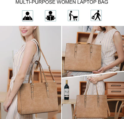 Laptop Bag for Women 15.6 Inch Laptop Tote Bag Leather Classy Computer Briefcase for Work Waterproof Handbag Professional Shoulder Bag Women Business Office Bag Large Capacity Grey