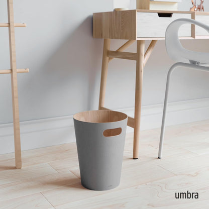 Umbra Woodrow, 2 Gallon Modern Wooden Trash Can Wastebasket or Recycling Bin for Home or Office, Grey (082780-918)