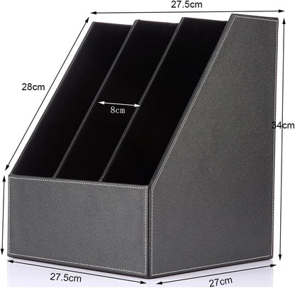 KINGFOM Desktop Wooden Leatherette Magazine File Holder-Organizer-3 Compartment Stand Rack-Papers Storage Box (black)