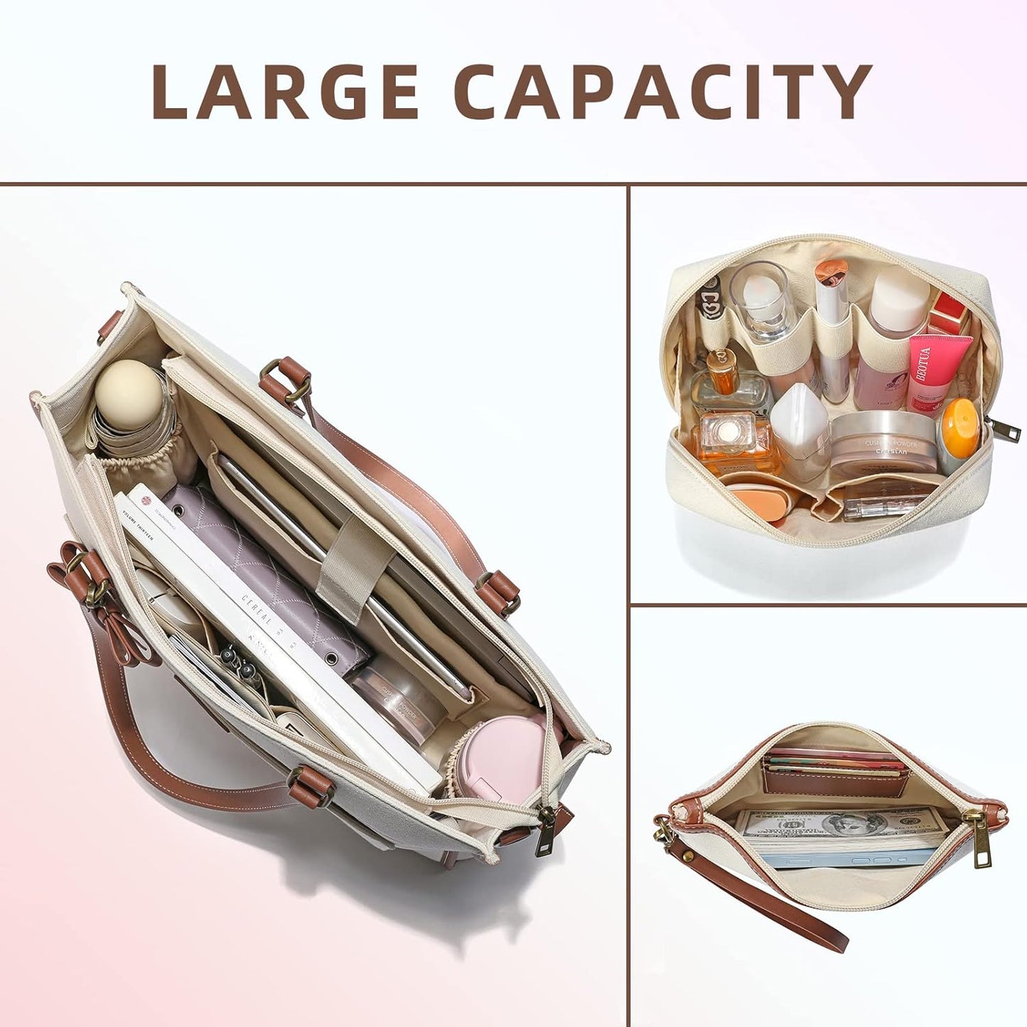 Keyli 3pcs Laptop Bag for Women,15.6 Inch Canvas Tote Bag Work Bags Large Business Computer Briefcase Shoulder Handbag Purse