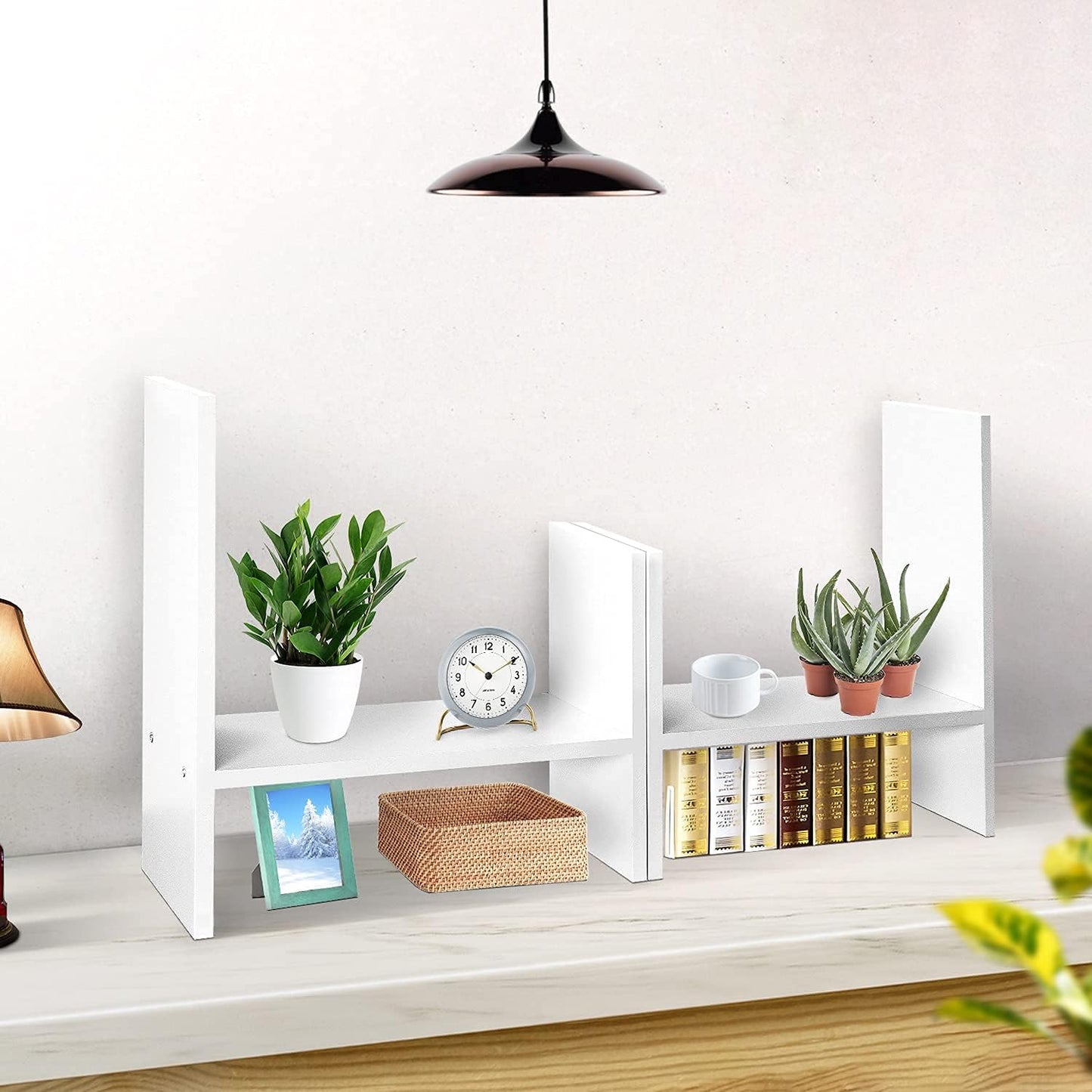 J.M.Deco Desktop Organizers and Storage for Office, Adjustable Desktop Organizer Shelves Double H Display, Desktop Shelf Organizer True Natural Stand Shelf (White)