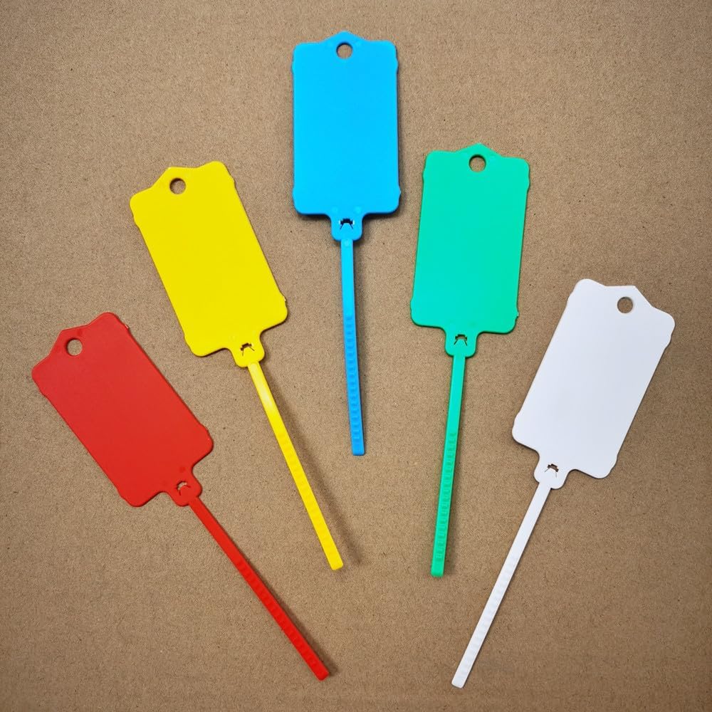 100pcs Reusable Blank Plastic Tags Ties Key Tags 1.45"*2.48" Serrated Tension Sealing Strap with Large Label Plastic Tie Mark Label Waterproof Hang Sign Write on Tag (5 Colors Mixed, 100pcs)