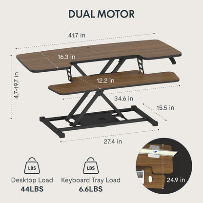 FLXISPOT 42" Standing Desk Converter Sit to Stand up Riser Height Adjustable Monitor and Laptop Workstation with Spacious 2-Tier Desktop, Walnut Color