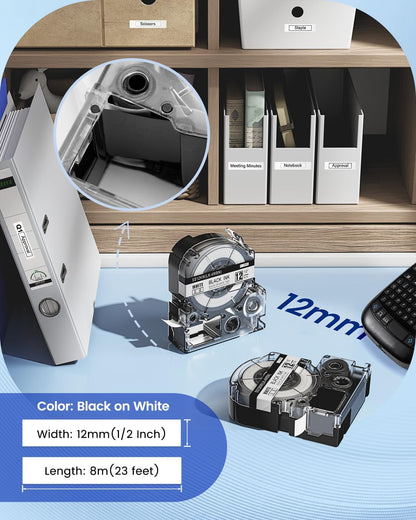 Anycolor Compatible with Epson Label Maker Tape 12mm LK-4WBN LC-4WBN 4WBN9 SS12KW 1/2" Black on White 0.47" Label Tape Work for Epson LabelWorks LW300 LW400 LW500 LW700 LW-K200PX Label Maker, 5-Pack