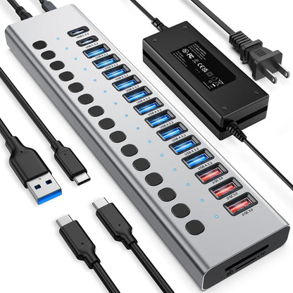 Powered USB Hub 10Gbps, 17 Ports 96W USB 3.2 Hub(10 USB-A 3.2 Ports+3 QC 24W Fast Charging Ports+2 USB-C 3.2 Ports+SD/TF Card Reader), 12V/8A Power Adapter for Laptop, PC, Computer, HDD,Flash Drive
