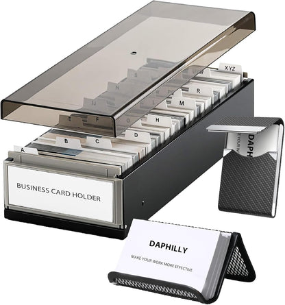 Business Card Holder for Desk, Business Card Holder Organizer, Credit Card Organizer Case File Index Card Box Storage,with A-Z Tabs, Storage up to 800 Cards (3.5” x 2.2”), Metal Structure