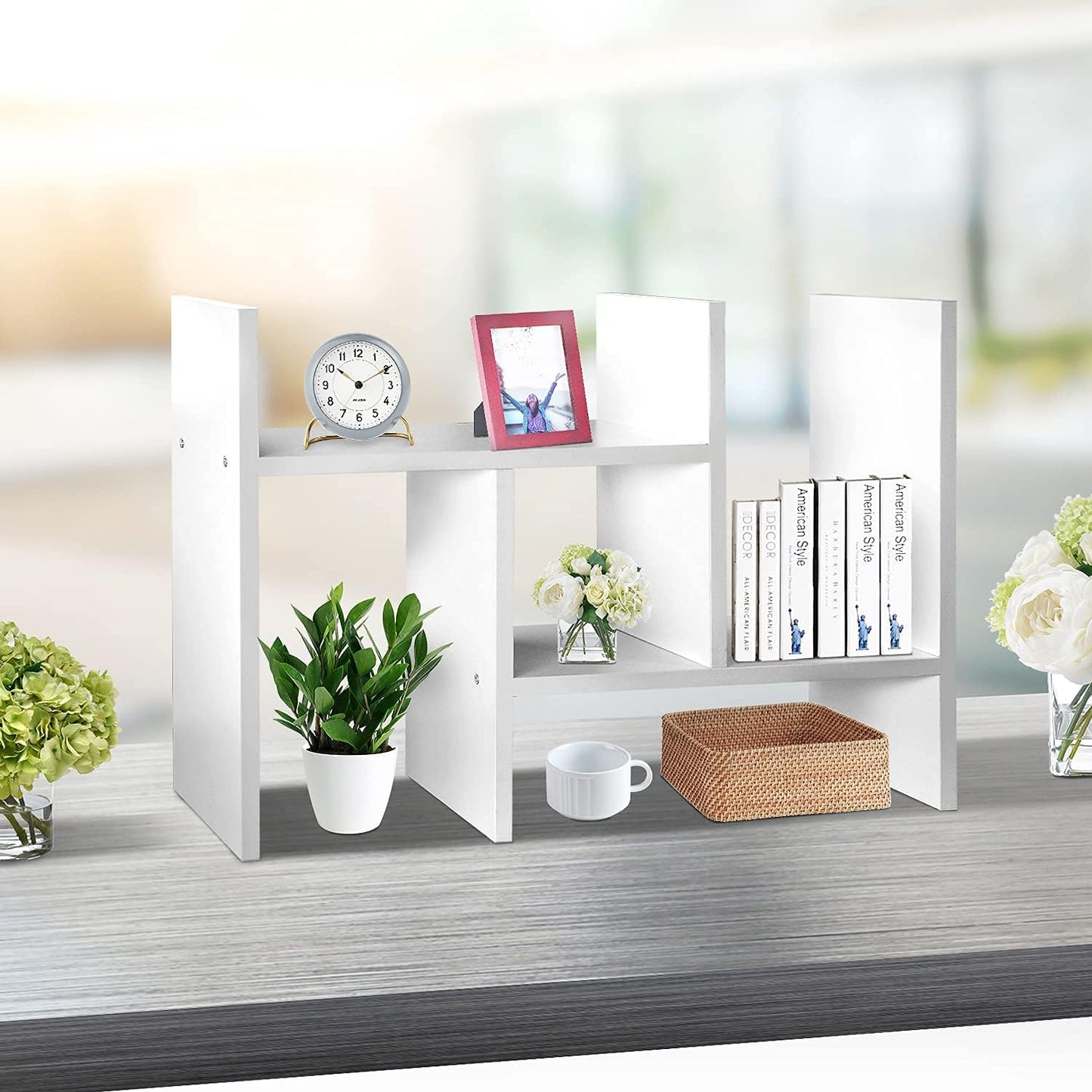 J.M.Deco Desktop Organizers and Storage for Office, Adjustable Desktop Organizer Shelves Double H Display, Desktop Shelf Organizer True Natural Stand Shelf (White)