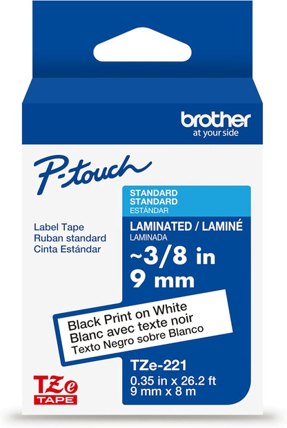 Brother Genuine TZe221~3/8" Black Print on White Label Tape. Each: 0.35 in x 26.2 ft (9 mm x 8 m)