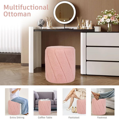Modern Round Ottoman, Spiral-Tufted Foot Stool Ottoman, Teddy Fleece Upholstered Vanity Stool for Makeup, Bedroom, Living Room, Pink