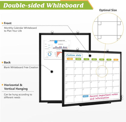 Dry Erase Calendar Whiteboard for Wall, 36" x 24" Double-Sided Magnetic Monthly WhiteBoard Calendar Dry Erase, Wall Hanging Aluminum Frame Calendar Board with Tray for Home, School, Office