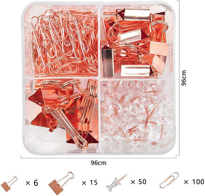 Paper Clips and Binder Clips Set, Metal Assorted Sized Binders with Push Pins, Cute Office Supplies for Desk, Desk Accessories (Square-Rose-Gold)