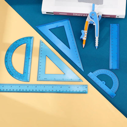 Zonon 1 Set Plastic Geometry Math Set 7 Pcs Includes 6'' / 4 '' Protractor, Drawing Compass, 45/60 Degree Triangle Rulers, 12'' / 6'' Math Ruler Transparent for Office Supplies(Blue)