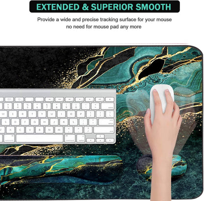 Keyboard Mouse Pad Set, Extended Mouse Pad+Keyboard Wrist Rest Support, Memory Foam Ergonomic Easy Typing, 3Pcs (35.4×15.7 in) Desk Pad Set for Home Office Study Game - Malachite Marble