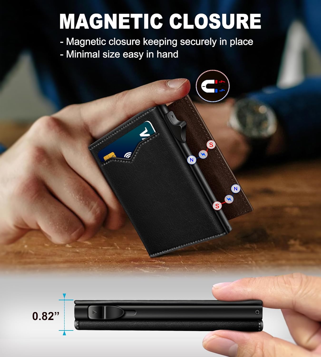 Wallet for Men,with Cash Pocket 2 ID Window 9-13 Cards,Metal Case Smart Slim Pop Up Credit Card Holder Flip with Magnetic Closure RFID Blocking Trifold wallet with Gift Box