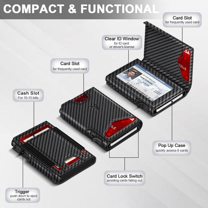 Wallet for Men Wallet with Slim Pop Up Card Holder 9-13 Cards, Bifold Minimalist Smart Wallet RFID Blocking Credit Card Holder with ID Window & Stretchable Cash Slot Compact Metal Aluminum Card Case