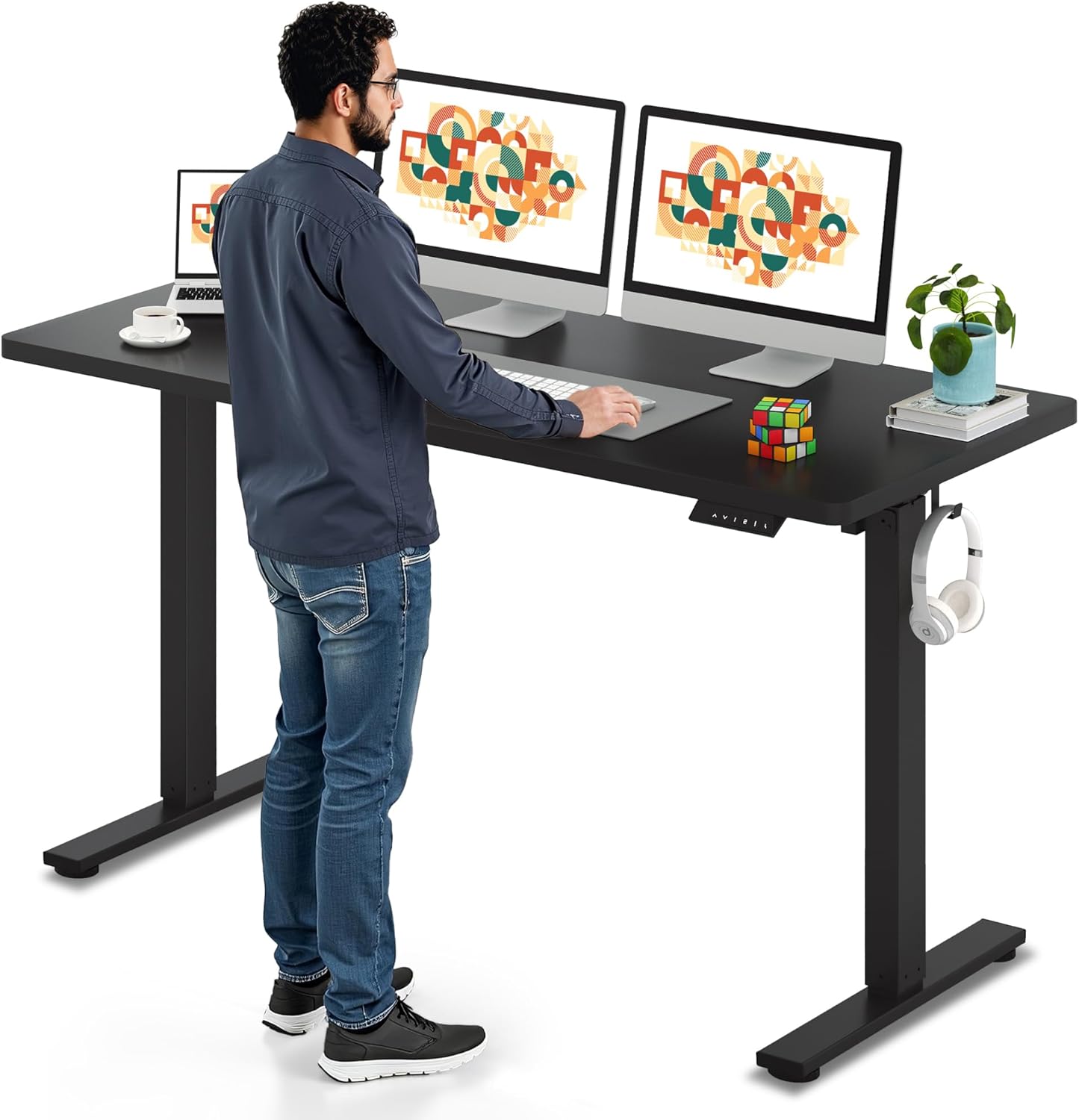 SANODESK Electric Standing Desk 60 x 24 Inches Whole-Piece Desktop Height Adjustable Stand Up Desk w/6-Button Controller Ergonomic Computer Desk for Home Office, Black Frame + Black Tabletop