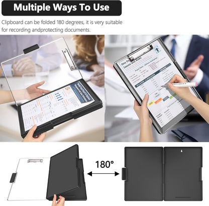 Clipboard with Storage,Heavy Duty Clip Boards 8.5x11 with 2 Storage Case,Clear Visible Top Panel Storage Clipboards,Side Opening Clip Boards,Nursing Clipboard Folder Case for Office Supplies-Black