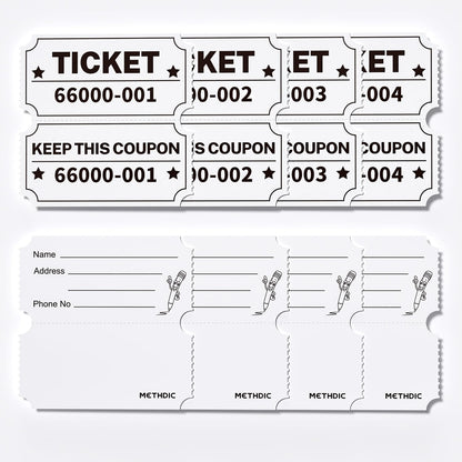 2000 Methdic White Raffle Tickets Double Roll, Ticket for Events, Entry, Class Reward, Fundraiser & Prizes