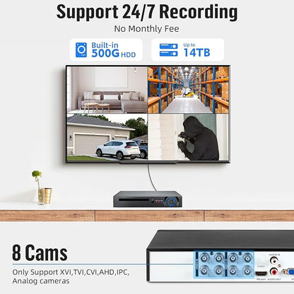 Fuers 8CH H.265+ Surveillance Security Camera System with AI Human Detection, 2 x 2592TVL 5MP Wired Dome Cameras for Indoor Use, 500G Hard Drive Included,Email Alert