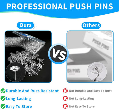 150 PCS Clear Push Pins Tacks Count in Reusable Box for Bulletin Boards and Wall Displays Heavy Duty Plastic Head