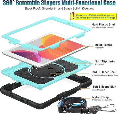 SEYMAC stock Case for iPad 9th/ 8th/ 7th Generation 10.2'', Shockproof with Screen Protector, Pencil Holder [360° Rotating Hand Strap] & Stand, for iPad 10.2 inch 2021-2019 (SkyBlue+Black)