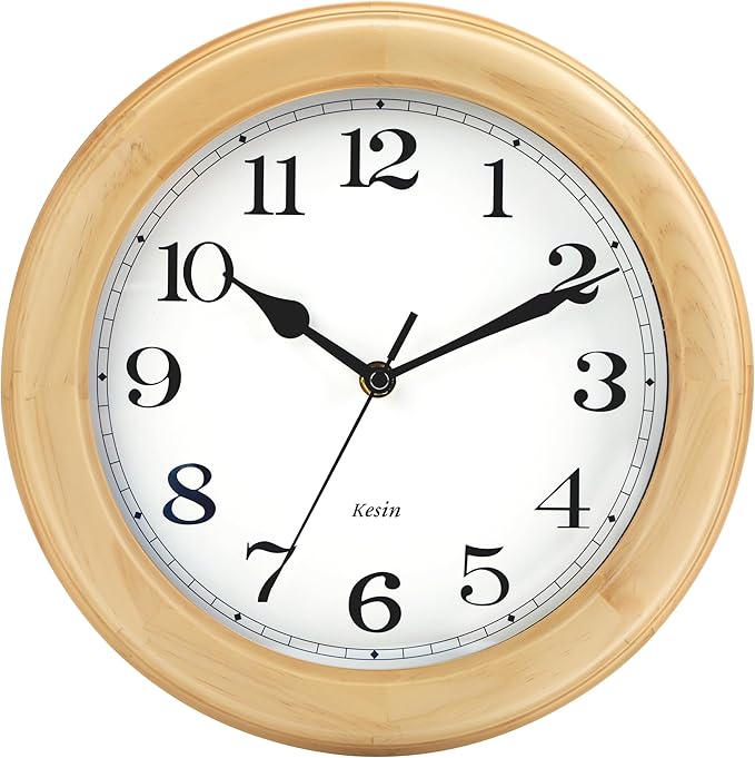 Kesin Wooden Analog Wall Clock, 11 inches Round Wall Clocks Battery Operated Silent Non-Ticking, Large Roman Numerals, Traditional Design for Kitchen Living Room Classroom Gym, Natural Grain