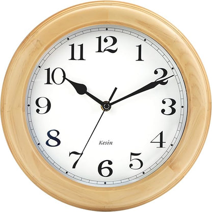 Kesin Wooden Analog Wall Clock, 11 inches Round Wall Clocks Battery Operated Silent Non-Ticking, Large Roman Numerals, Traditional Design for Kitchen Living Room Classroom Gym, Natural Grain