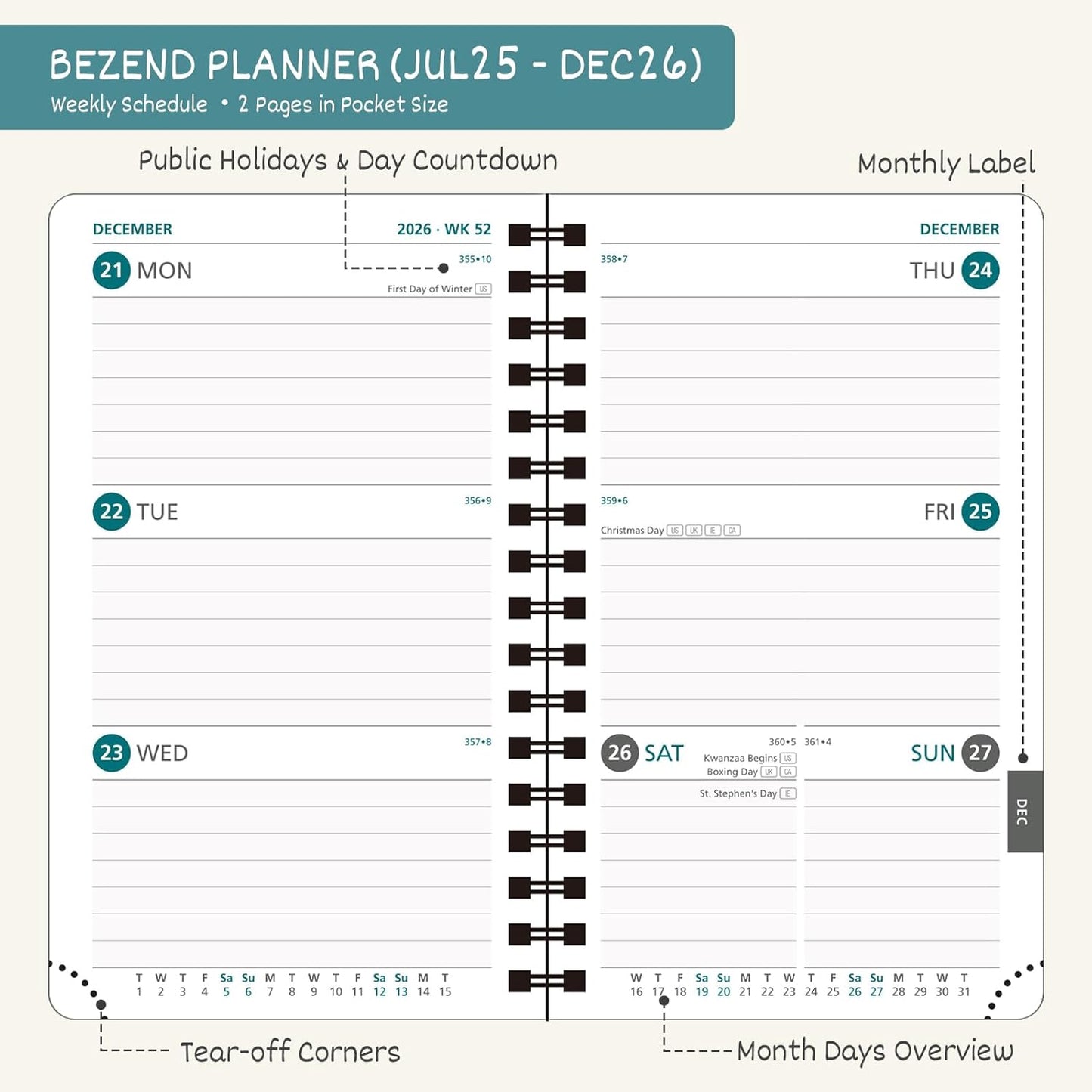 BEZEND Pocket Planner 2025-2026 Weekly and Monthly, 3.5" x 6" Academic Planner (Jul 25-Dec 26) 18-Month Mid-Year Calendar Book, Storage Pocket, Pen Holder, PU Leather Softcover, Spiral - Black