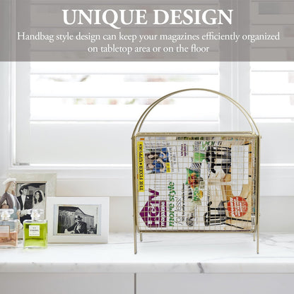 MyGift Mid-Century Design Magazine Rack, Matte Black Tone Metal Mesh Freestanding Magazine Organizer Holder Sling (Brass)