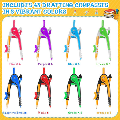 Zonon Student Math Geometry Compass Bulk 6 Inch Plastic Drawing Compass with Pencils Bright Color Precision Tool Back to School Supplies(48 Pcs)