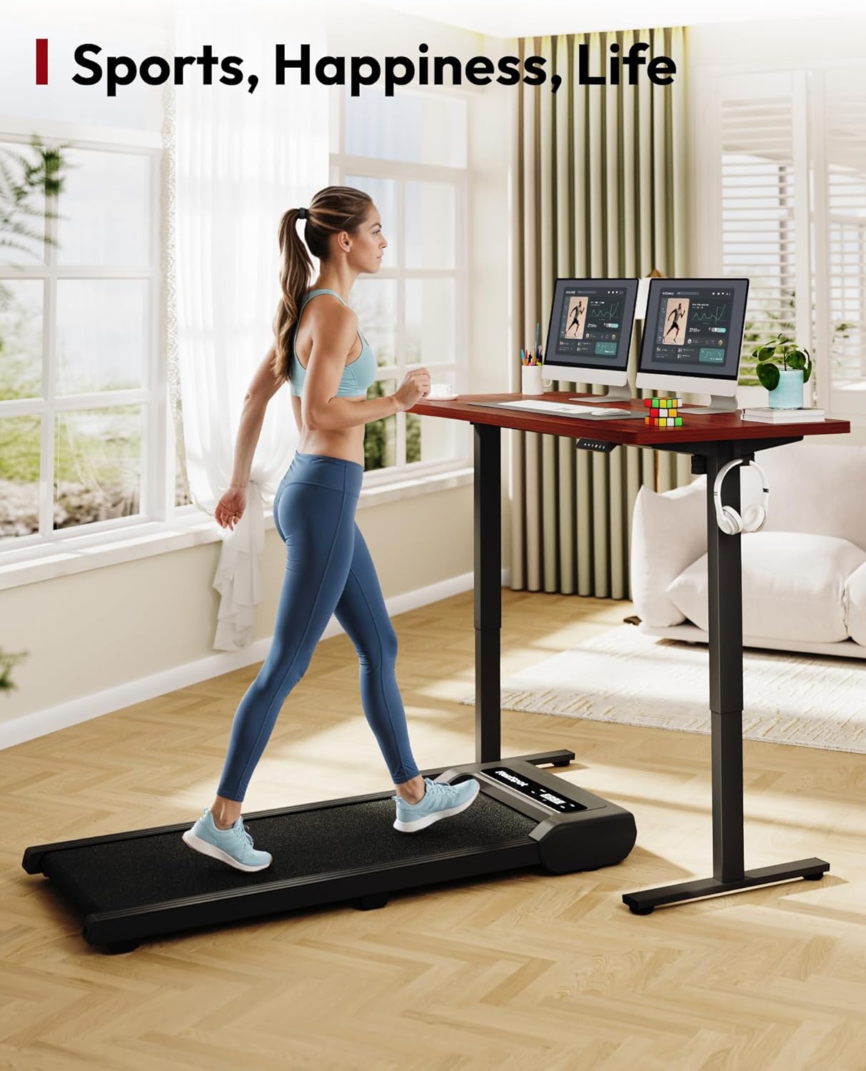 SANODESK Electric Standing Desk 48 x 30 Inches Whole-Piece Desktop Height Adjustable Stand Up Desk w/6-Button Controller Ergonomic Computer Desk for Home Office, Black Frame + Mahogany Tabletop