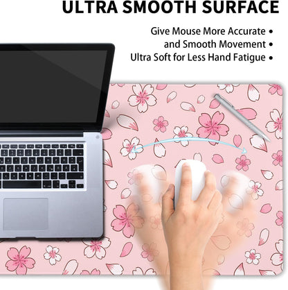 Pink Cherry Blossom Gaming Mouse Pad XXL Cute Anime Aesthetics Floral Extended Kawaii Flowers Large Mousepad Non-Slip Rubber Base Stitched Edge Keyboard Desk Pad Playmat for Computer,35.4×15.7 in