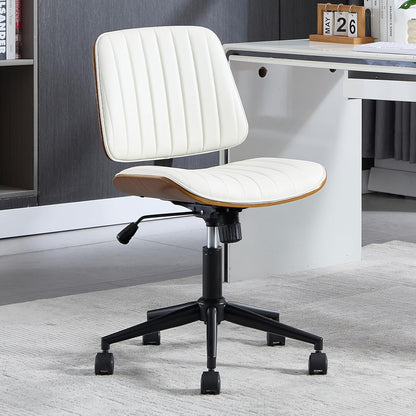 Small Home Office Chair - Armless Mid Back Desk Chair with 360° Swivel and Wheels, PU Upholstered Height Adjustable Modern Walnut Computer Chair for Home, Office Meeting Room - Black