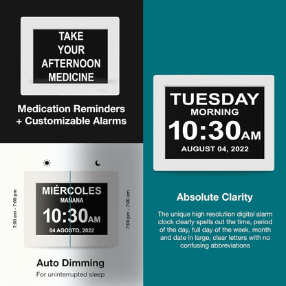 American Lifetime New 2025 Dementia Clock Large for Seniors, Digital Clock Large Display with Custom Alarms, Clock with Day & Date for Elderly, Number Digital Clock 12 Inches White