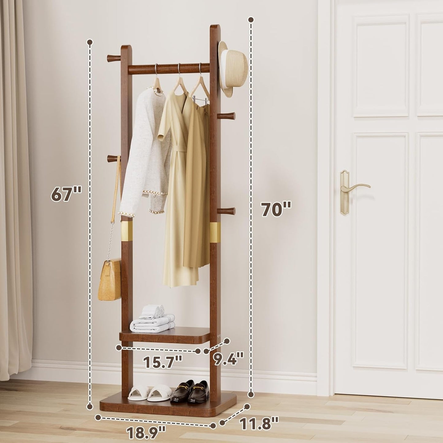 Solid Wood Coat Rack, Coat Rack Freestanding with 2 Shelves and 5 Hooks, Heavy Duty Coat Tree for Entryway，Living room，Coat Hanger Stand for Hats, Bags (Walnut Brown)