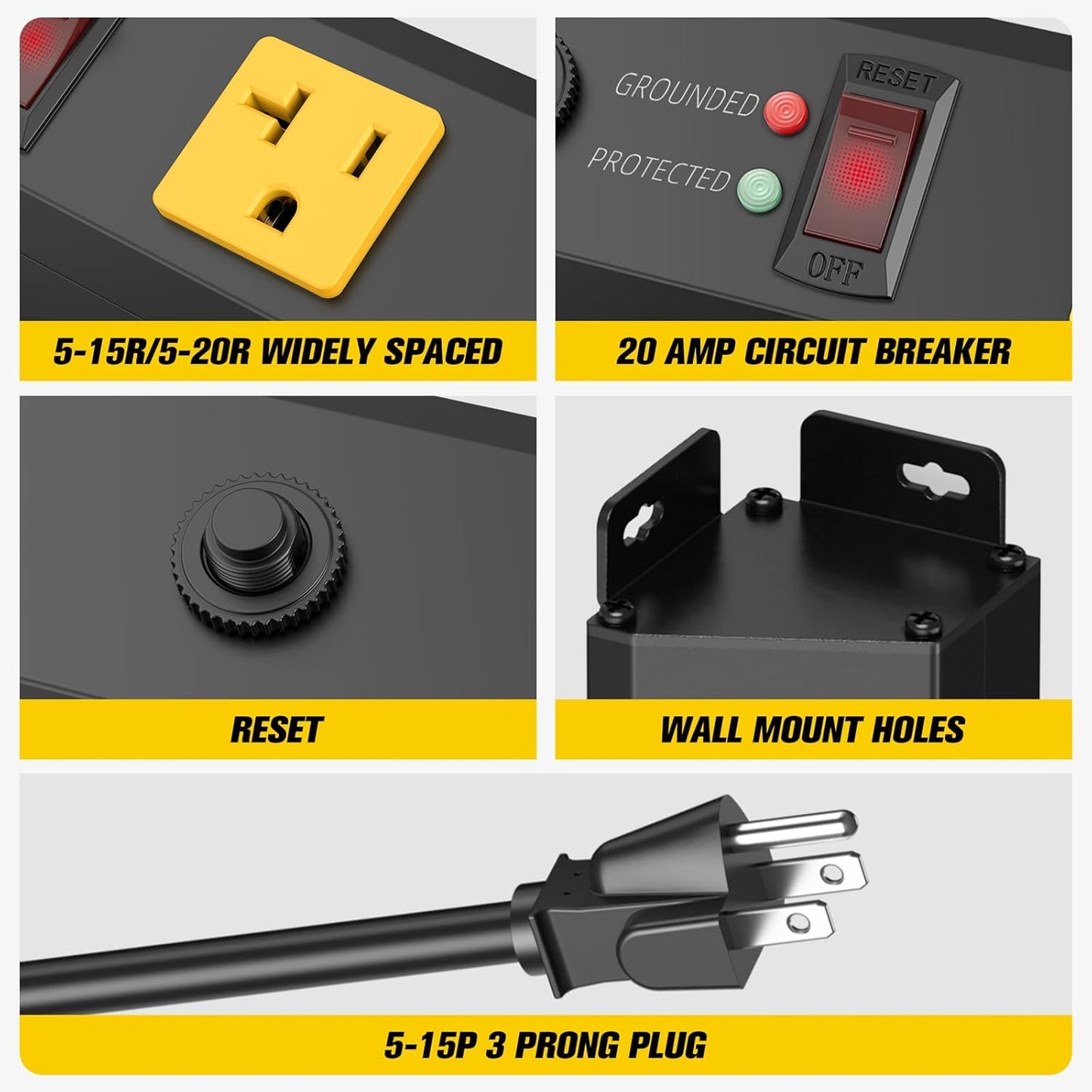 HHSOET 16 Outlet Long Power Strip, 6FT Heavy Duty Power Strip with 4800J Surge Protection, 20a Mountable Wide-Spaced Outlets for Home, Office, Garage & Workshop - ETL Certified