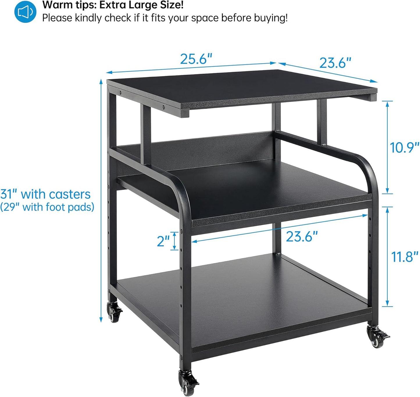 25.6" x 23.6" Extra Large Printer Stand Table with Adjustable Storage Shelf, 3 Tier Rolling Printer Cart with Industrial Wheels for Home Office, Black