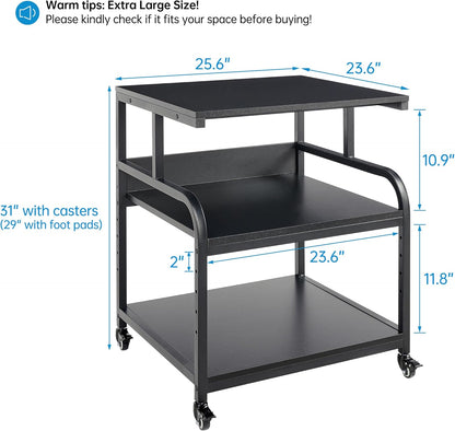 25.6" x 23.6" Extra Large Printer Stand Table with Adjustable Storage Shelf, 3 Tier Rolling Printer Cart with Industrial Wheels for Home Office, Black
