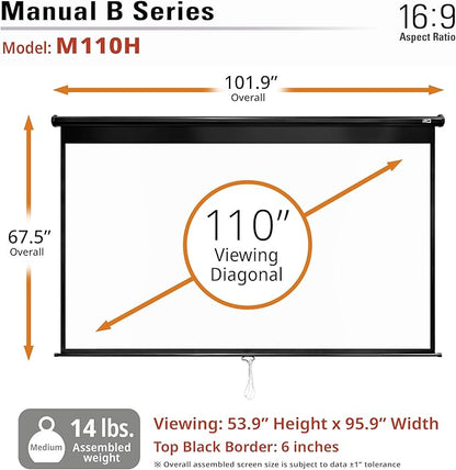 Elite Screens Manual Pull Down Projector Screen 110-INCH Home Movie Cinema Gaming Office Presentation, ISF Certified, Auto-Lock Mechanism, 4K / 8K 3D Ultra HDR HD Ready, M110H