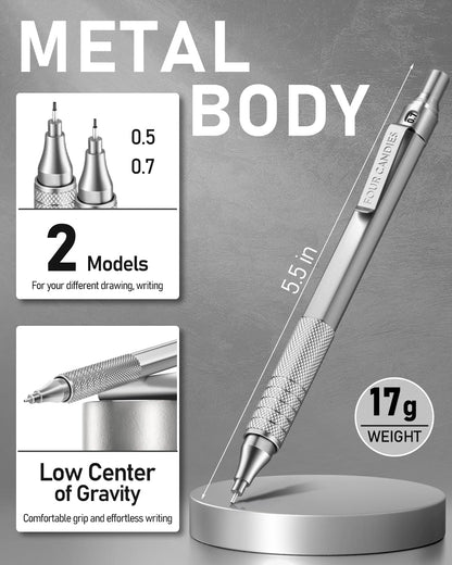 Four Candies 2PCS Metal Mechanical Pencils Set with Case, 0.5mm & 0.7 mm Artist Pencil with 6 Tubes (360PCS) HB Lead Refills, 3 Erasers,9 Eraser Refills For Writing Drafting, Drawing, Black&Silver