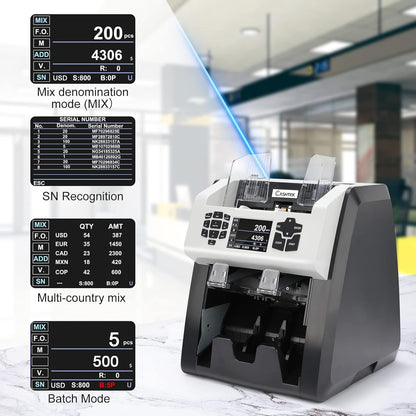 S75 Bill Counter and Sorter, Money Counter Machine Mixed Denomination, Two Pockets Cash Value Counter, Counterfeit Detection 2 CIS/UV/MG/IR, Serial Number, Multi Currency,2Yr Warranty