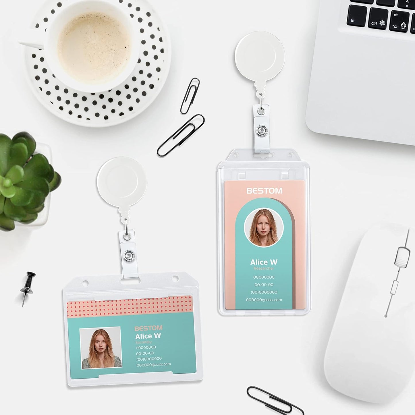 Badge Reels Retractable Badge Holder with Clip, Id Clips for Badges, Id Badge Reel, Retractable Id Badge Clip with Clear Vinyl Strap & Alligator Swivel, No Twist Dispenser (White)