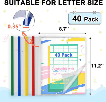TOTiyea 40 Pack Clear Report Covers with Sliding Bars, 9mm (70 Sheet Capacity) Colorful Sliding Bar File Folders, for Letter Size