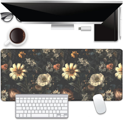 Black Background Flowers Desk Pad Mouse Pad,Large Floral Mouse Mat with Stitched Edges,Non-Slip Rubber Base Elegant Mousepad for Office PC Keyboard Laptop and Home Work Desk Mat(27.5X11.8 in)