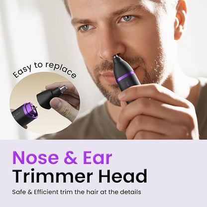 Groin & Body Hair Trimmer for Men - Electric Shaver for Pubic Hair, Chest, Legs - Ball Pubic Groomer, LED Light, Replaceable Ceramic Blade Heads, USB-C Recharge Dock, Waterproof Hygiene Razor, Purple