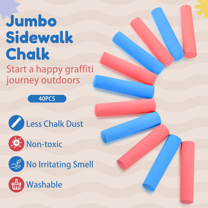 Fulmoon 40 Pcs Jumbo Sidewalk Chalk for Kids Outdoor Art Non Toxic Large Washable Street Chalk for Adults Drawing Painting Classroom(Red, Blue,Round Style)
